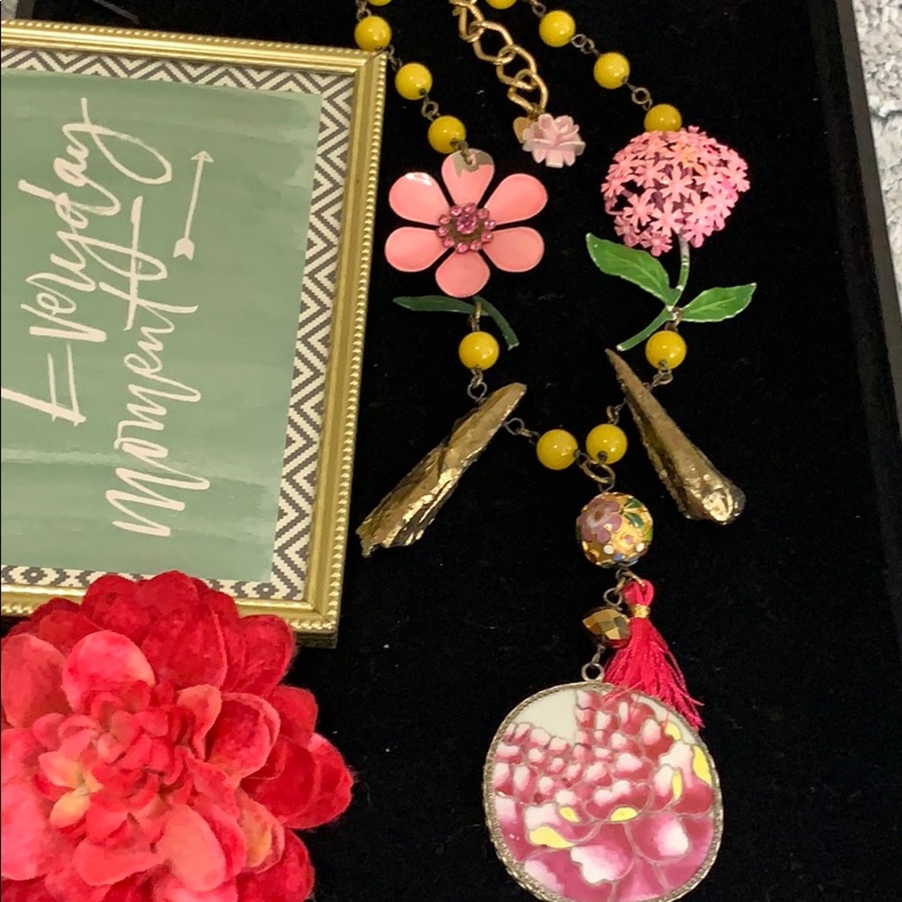 Floral Pink Statement Necklace with Yellow Accents